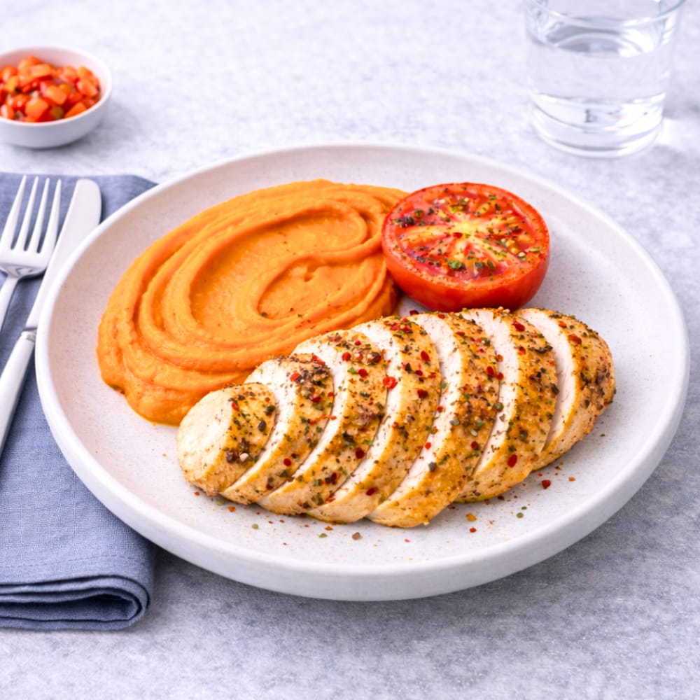 Chilikyckling med sötpotatismos & tomat